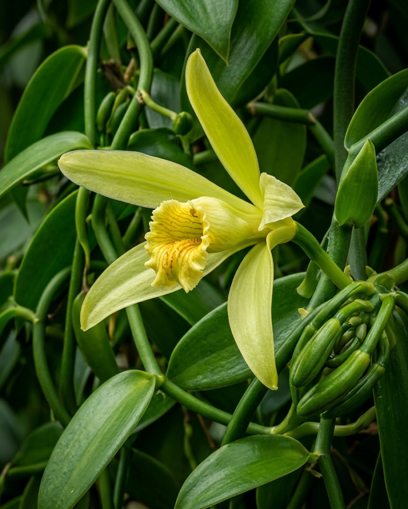 Fleur de vanillier jaune-vert éclose dans la serre Eurovanille des Hauts-de-France, avril 2026.