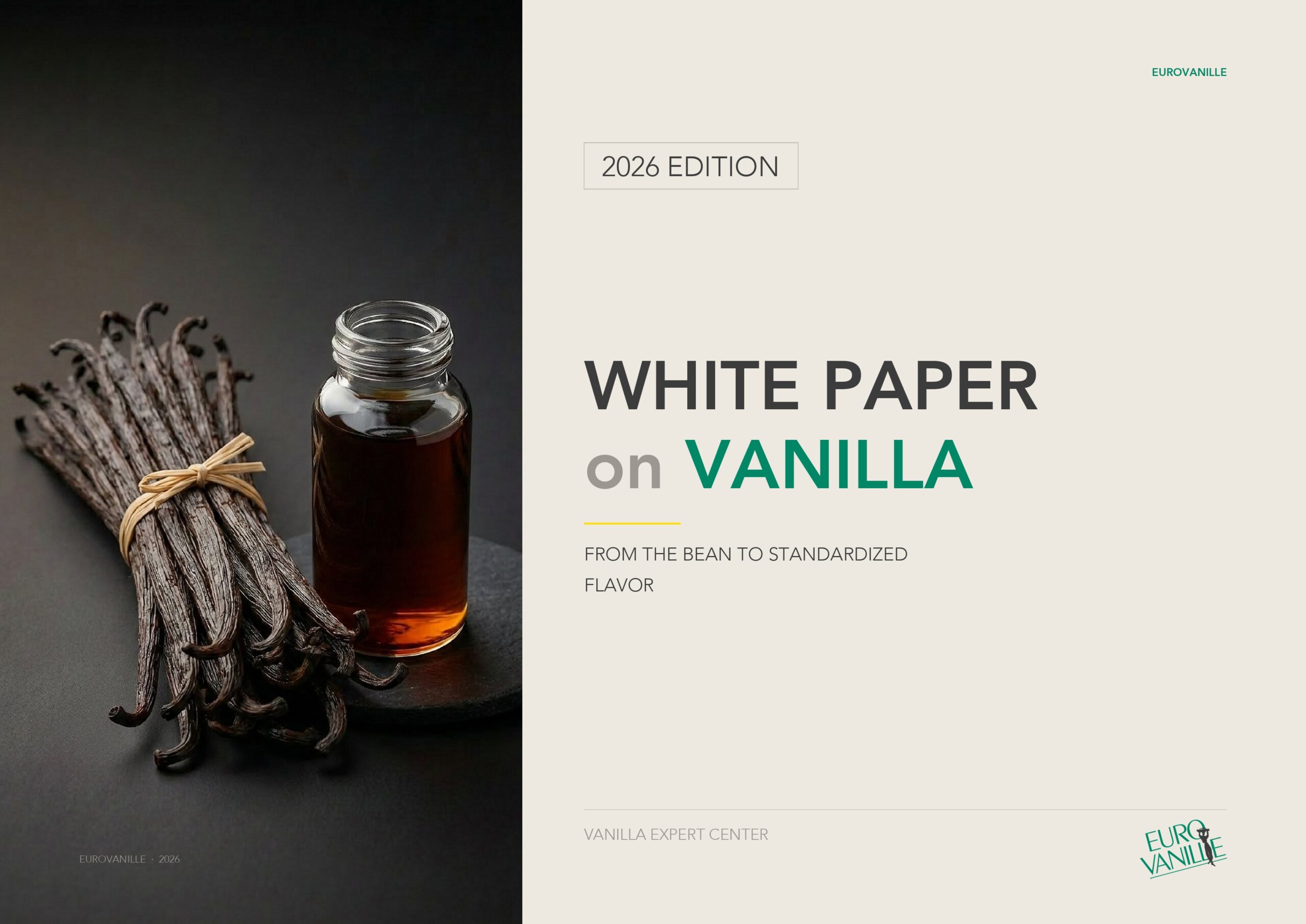 Cover of The White Paper on Vanilla, 2026 Edition, with a bundle of vanilla beans and a jar of vanilla extract.