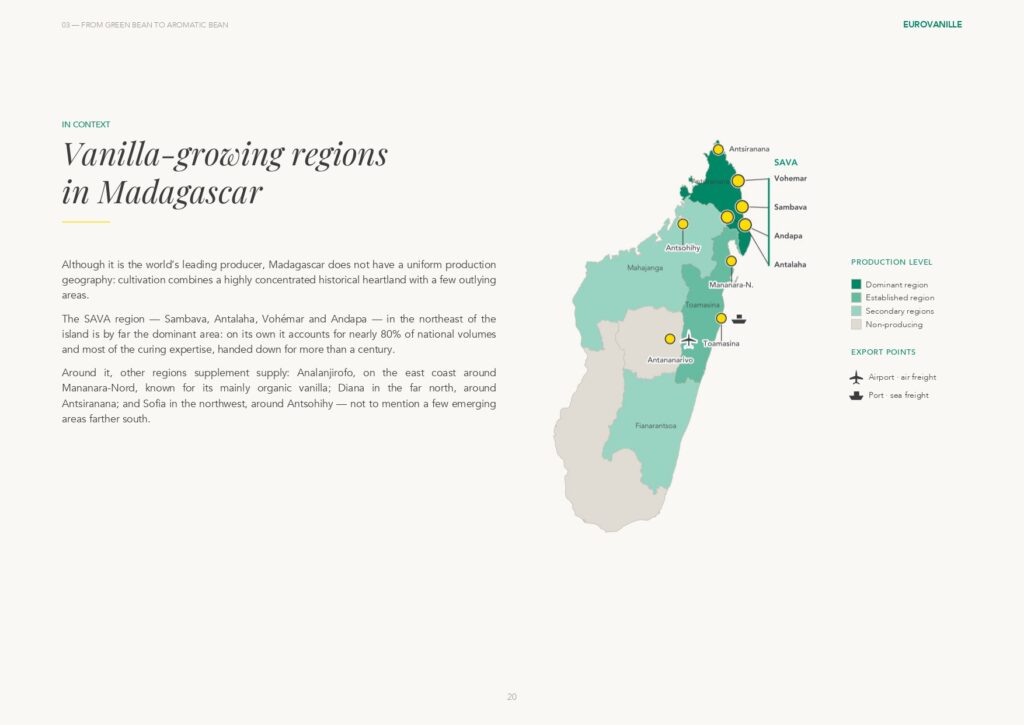Page from The White Paper on Vanilla showing a map of the vanilla-growing regions of Madagascar.