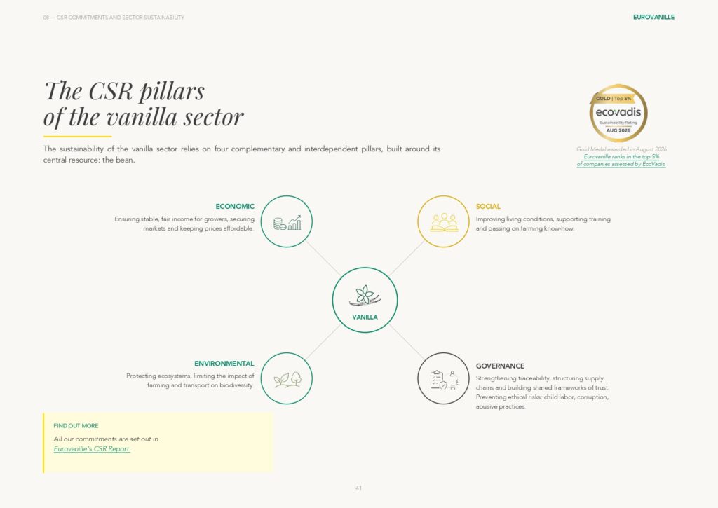 Page from The White Paper on Vanilla showing the four CSR pillars of the vanilla sector.